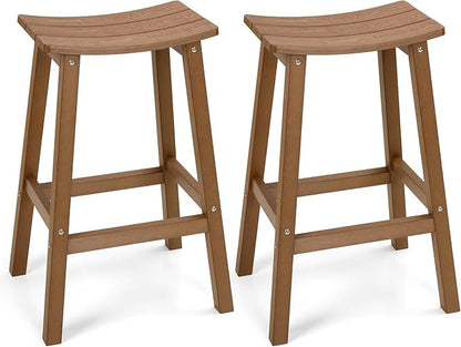 Weatherproof Bar Stools Set of 2, 28" Height Outdoor Bar Stools Holds up to 400 lbs, Saddle Seat, Bar Height Stools for Patio, Garden, and Kitchen Island, Teak
