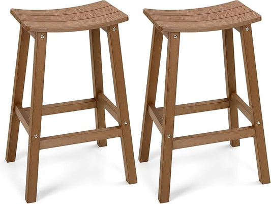 Weatherproof Bar Stools Set of 2, 28" Height Outdoor Bar Stools Holds up to 400 lbs, Saddle Seat, Bar Height Stools for Patio, Garden, and Kitchen Island, Teak