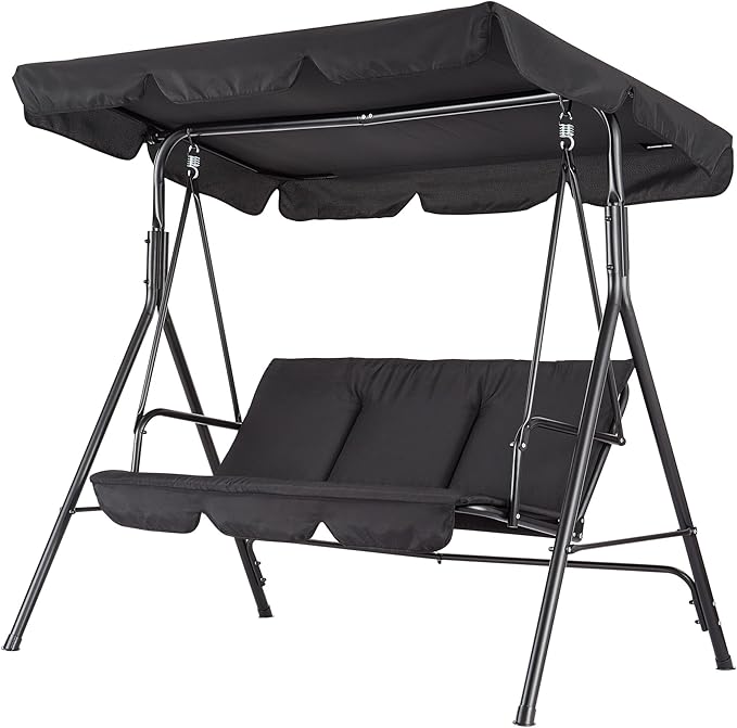 Outdoor Swing Chair with Adjustable Canopy - 3 Seat Glider Bench with Thickened Cushions for Patio, Garden, Backyard Black