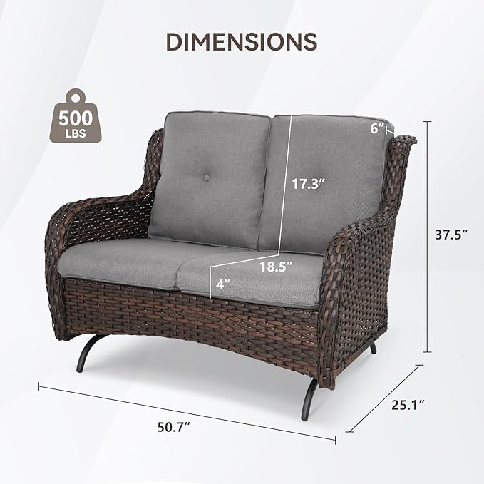 Patio Loveseat Wicker Loveseat Rattan Glider Sofa with Curved Armrest Thicking Back & Seat Cushions for Garden Balcony - Photo 3