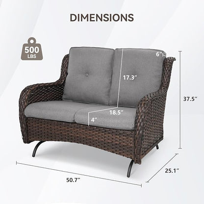 Patio Loveseat Wicker Loveseat Rattan Glider Sofa with Curved Armrest Thicking Back & Seat Cushions for Garden Balcony Backyard Brown Wicker|Grey Cushions (A) Patio Loveseat Glider