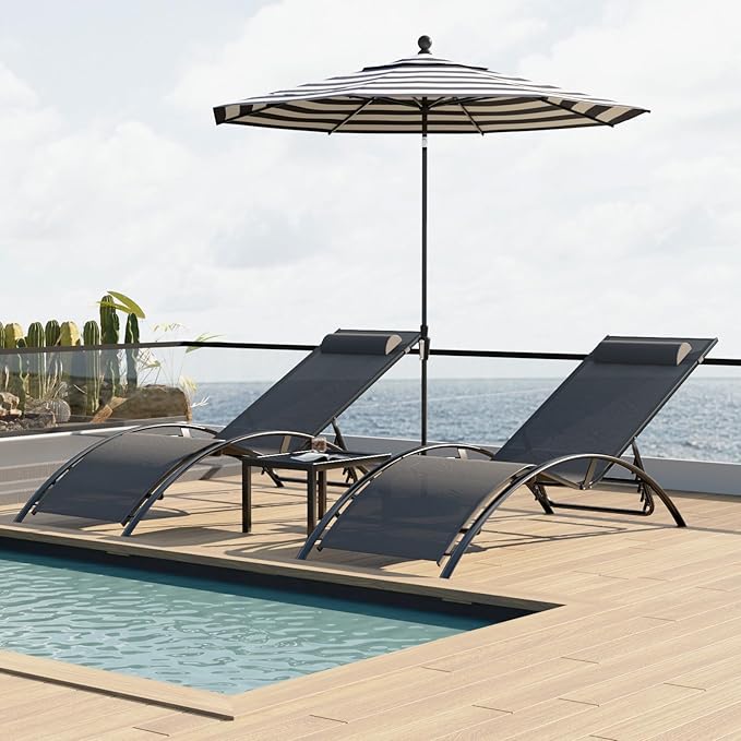 Aluminum Outdoor Chaise Lounge Set of 3, Patio Textilene Lounge Chairs w/Metal Table&Headrest - Photo 7