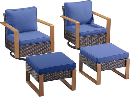 Rilyson Outdoor Wicker Patio Furniture Set - 4 Piece Patio Conversation Set with 2 Wicker Swivel Rocker Chairs,2 Rattan Ottoman, Thick Cushions, Deep Seating, Wide Armrest(Brown/Blue)