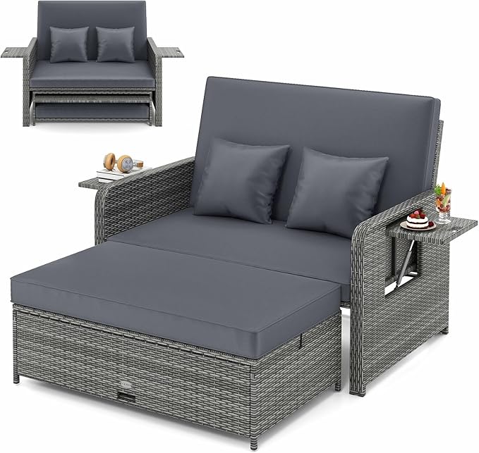 LDAILY Moccha Outdoor Daybed, Wicker Loveseat Sofa Set with 4-Postion Adjustable Backrest, Storage Ottoman, Cushions - Photo 1