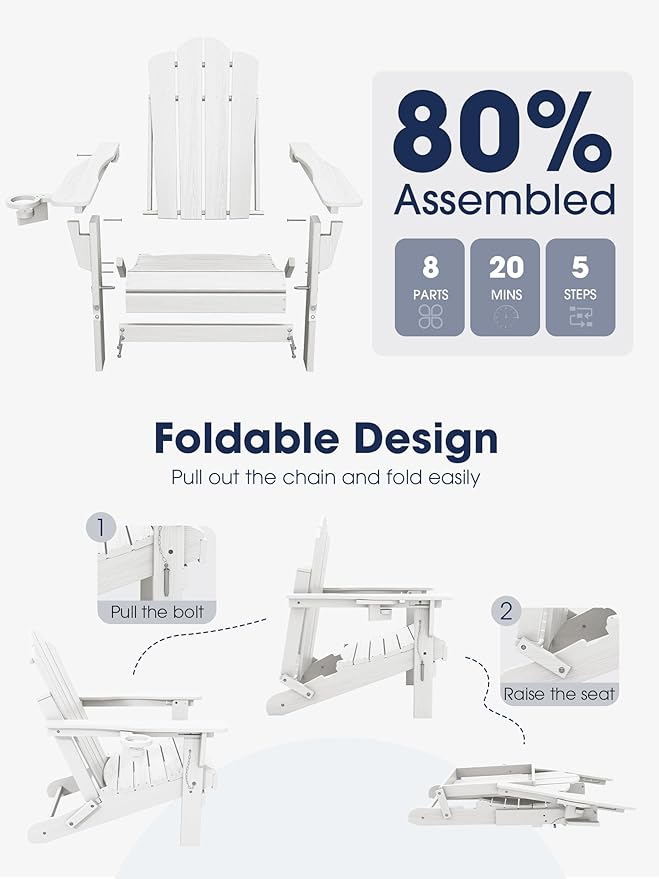 KINGYES Adjustable Folding Adirondack Chair Set of 4, 3-Position Reclining Adirondack Chairs with Cup Holder, HDPE All-Weather Oversized Adirondack for Outdoor, Patio, Backyard Deck, Fire Pit, White