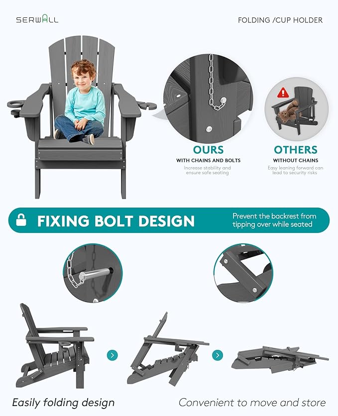 SERWALL Folding Adirondack Chair, Dual Cup Holders & All-Weather HDPE, Wood-Like Patio Chair for Backyard - Photo 7