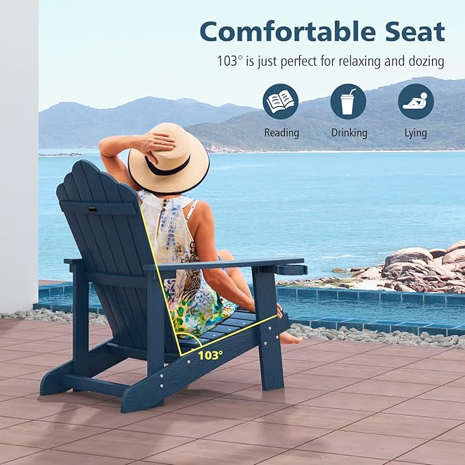Tangkula Oversized Adirondack Chair, Patio Lounge Chairs w/Adjustable Cup Holder, HIPS Armchairs Slatted Chair, Outdoor Weather Resistant Fire Pit Chair for Deck Backyard Garden Porch (1, Navy)
