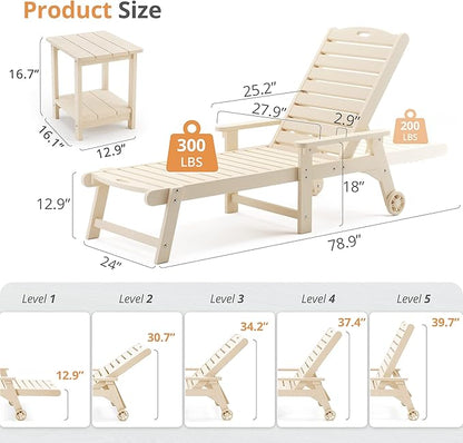 LUE BONA Lounge Chair Outdoor with Table, 2-Piece, HDPS Chaise Lounge Outdoor with Wheels, 5 Positions Adjustable Pool Lounger Chairs for Outside, Patio, Sand