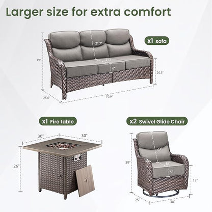 Luxury Patio Furniture Set with 6-inch Thick Cushion, Outdoor Furniture with Fire Pit Table, Swivel Chairs, Sofa, 4pcs Wicker Conversation Set for Deck Yard and Poolside(Grey)