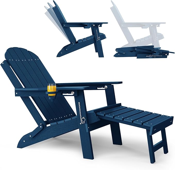 YEFU Folding Adirondack Chair with Footrest: Adjustable Adirondack Chairs with Retractable Ottoman - Sturdy HDEP Plastic with Cup Holder - All Weather for Outdoor/Patio/Fire Pit/Outside/Pool(Navy)