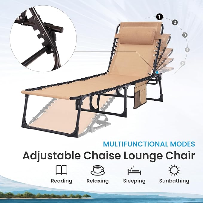 2 Pack Folding Chaise Lounge Chair 5-Position Adjustable Outdoor Recliner 400LB Capacity Portable Patio Camping Beach - Photo 6