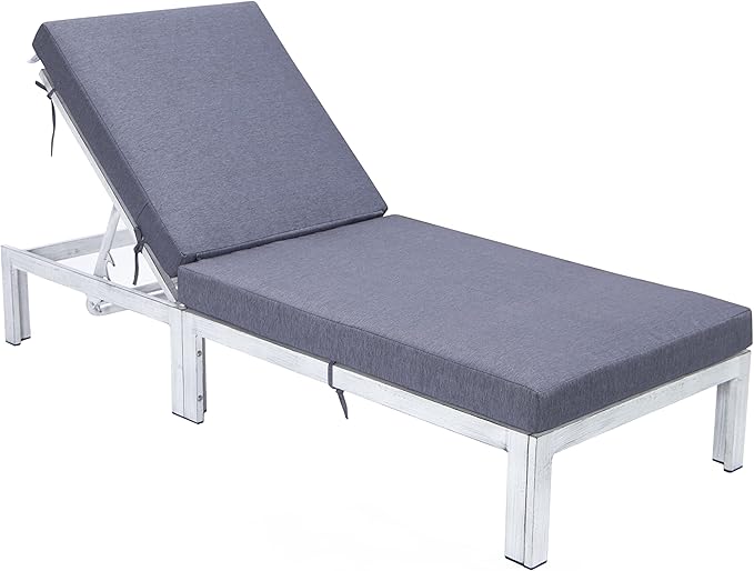 LeisureMod Modern Weathered Grey Aluminum Chaise Lounge Chair – Outdoor Patio Lounge with Cushions, Blue