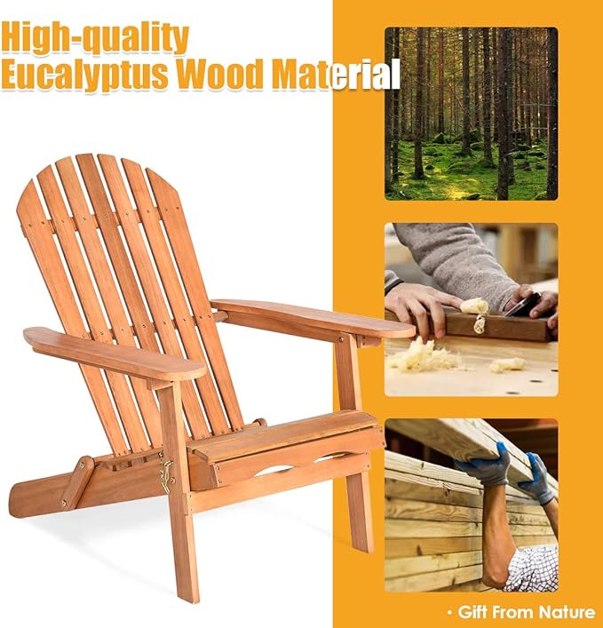 Giantex Wooden Adirondack Chair Outdoor Lounger Chair, Folding Adirondack Chairs 400 lbs Weight Capacity for Patio, Garden, Deck, Porch, Lawn, Oversized Backyard Seating Fire Pit Chairs