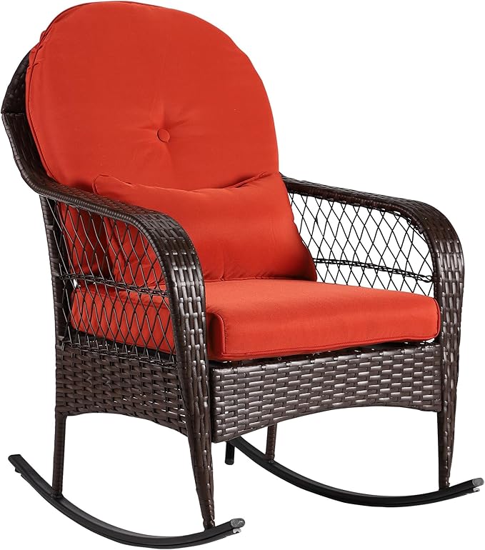 Outdoor Wicker Rocking Chair, All Weather PE Rattan Rocker with Cushion & Pillow, Outdoor Rocking Furniture for Garden, Porch, Backyard, Poolside (Brown Rattan+ Orange Cushion)