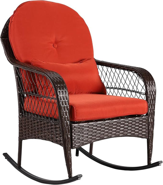Outdoor Wicker Rocking Chair, All Weather PE Rattan Rocker with Cushion & Pillow, Outdoor Rocking Furniture for Garden, Porch, Backyard, Poolside (Brown Rattan+ Orange Cushion)