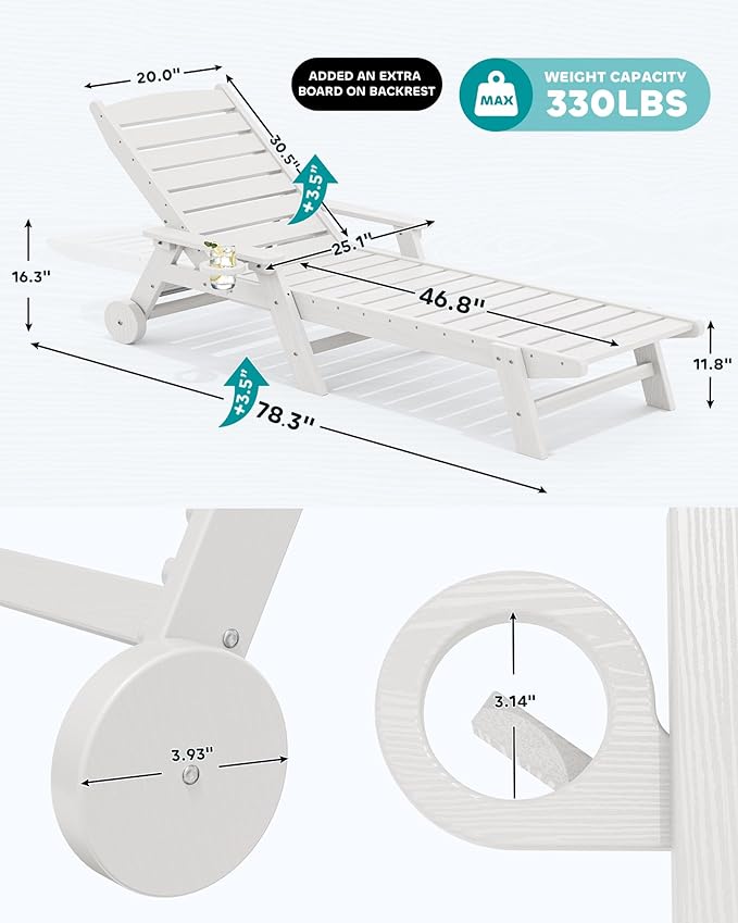 SERWALL Patio Chaise Lounge Chair, 78'' Long HDPE 5 Positions Adjustable Outdoor Lounger - Photo 3