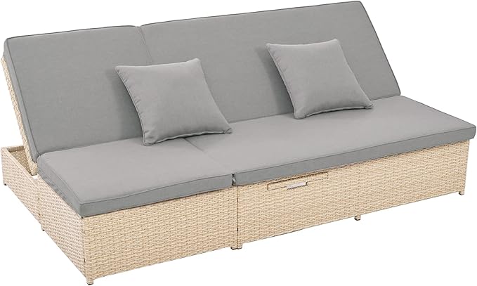 Patio Rattan Sunbed, All Weather Outdoor Wicker Double Daybed with Adjustable Backrest and Cup Tray - Photo 7