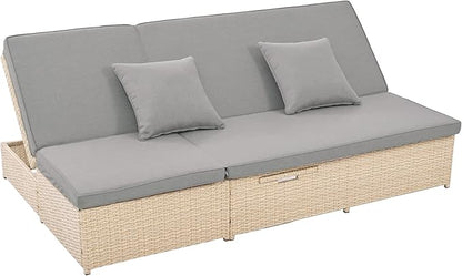 Patio Rattan Sunbed,All Weather Outdoor Wicker Double Daybed with Adjustable Backrest and Cup Tray,Reclining Chairs Conversations Set for 2 Person (Brown#D)