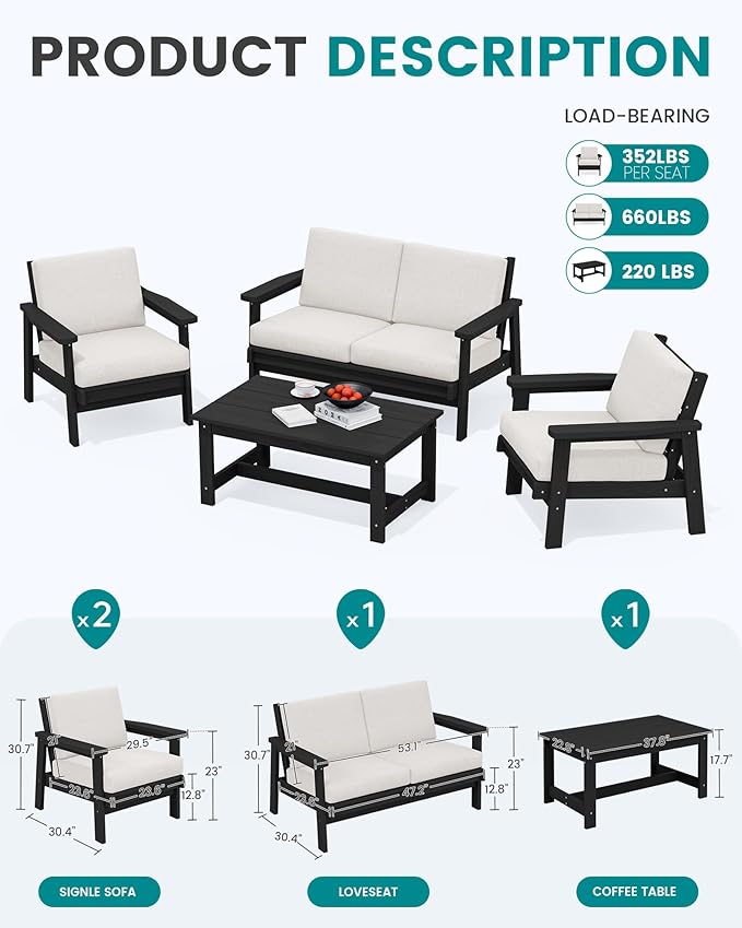 SERWALL HDPE Patio Furniture Set with 15FT Double Side Patio Umbrella - Photo 6