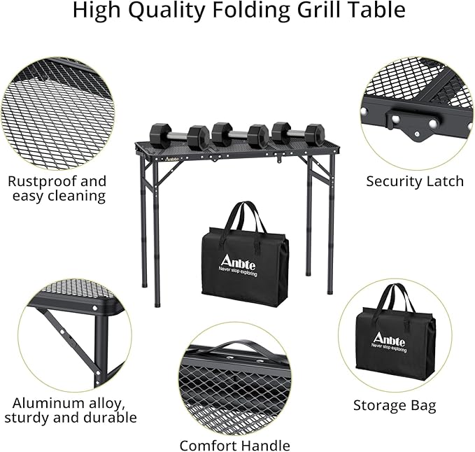 Anbte Folding Grill Table, 3ft Tri-Fold Aluminum Folding Table Adjustable Height Max 27.5" Grill Table with Mesh Desktop - Photo 5