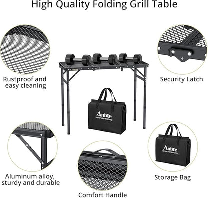 Anbte Folding Grill Table, 3ft Tri-Fold Aluminum Folding Table Adjustable Height Max 27.5" Grill Table with Mesh Desktop, Lightweight, Portable Handle for Outdoor Cooking BBQ Picnic (Black)