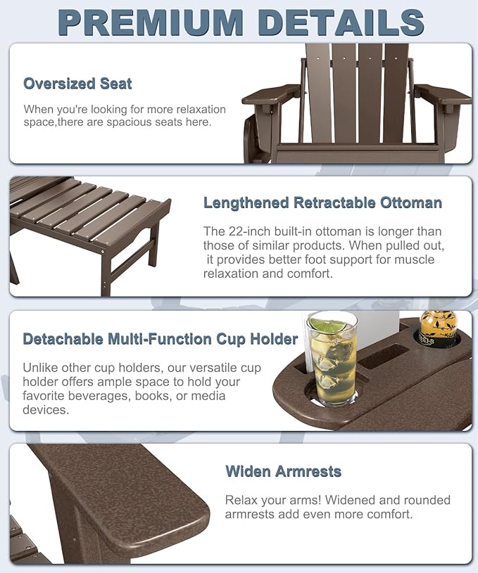 Adjustable Adirondack Chair with Retractable Ottoman Set of 6, HDPE Folding Adirondack Chair with Cup Holder, All Weather Fire Pit Chair for Outdoor.