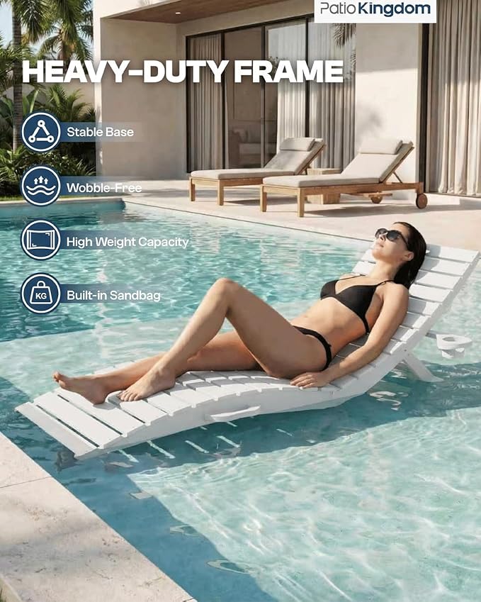 in-Pool Lounge Chairs Set of 2, Folding HDPE Pool Chairs Anti-Floating No Sandbags with Cup Holder & Handles, Outdoor Chaise Lounge for Poolside, Patio & Sun Deck(White)
