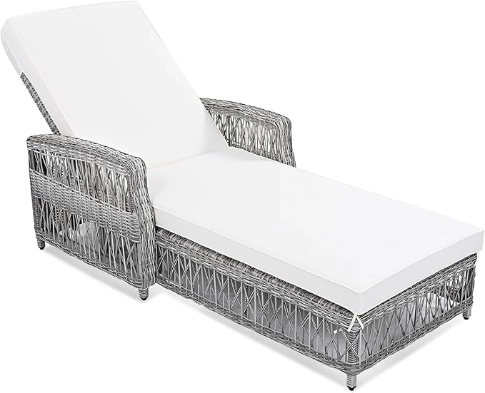 Outdoor Long Reclining Chaise, Wicker Lounge with Armrests, Patio Adjustable Recliner with Soft Removable Cushions, All Weather Rattan Chaise Lounge for Poolside & Garden (Beige)