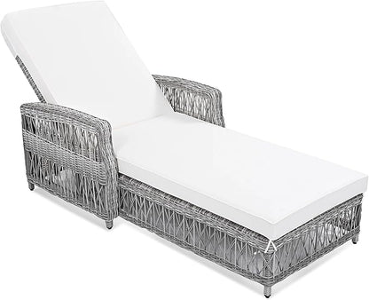 Outdoor Long Reclining Chaise, Wicker Lounge with Armrests, Patio Adjustable Recliner with Soft Removable Cushions, All Weather Rattan Chaise Lounge for Poolside & Garden (Beige)
