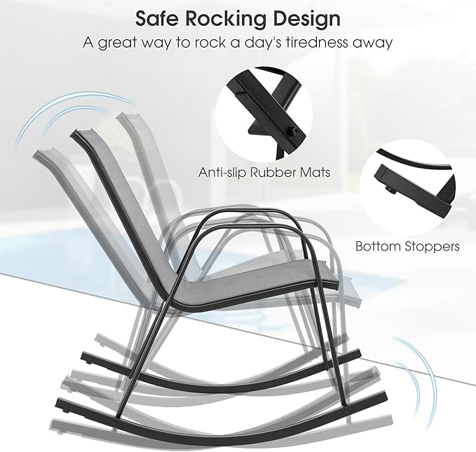 Giantex Outdoor Rocking Chairs Set of 2, Patio Rocking Chairs w/Breathable Seat & Back, Heavy-Duty Metal Support, Ergonomic Outside Rocker for Backyard, Poolside, Garden (2, Grey)