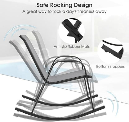 Giantex Outdoor Rocking Chairs Set of 2, Patio Rocking Chairs w/Breathable Seat & Back, Heavy-Duty Metal Support, Ergonomic Outside Rocker for Backyard, Poolside, Garden (2, Grey)