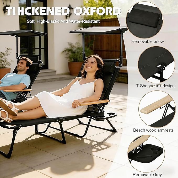 Folding Outdoor Chaise Lounge Chair with 360°Shade, 4 Position Portable Sun Tanning Chair with Headrest, Foldable Beach Lounge Chair with Cup Holders & Wooden Armrests for Patio Pool Lawn (Black-B)