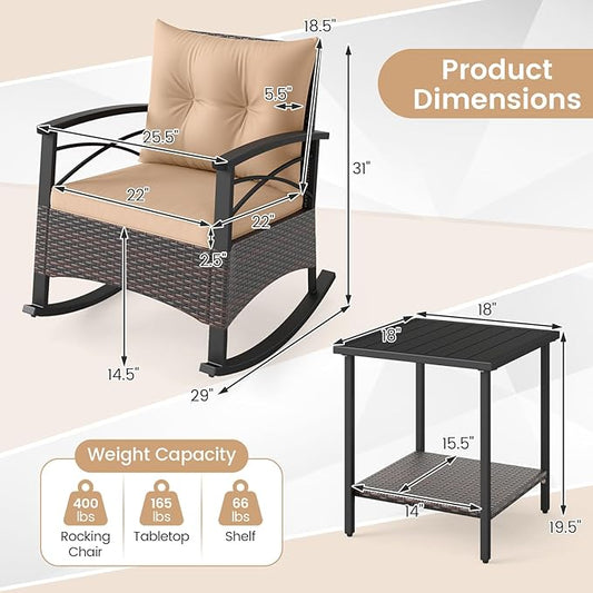 ORALNER 3-Piece Wicker Rocking Chair Set, Outdoor Cushioned Rocker and Acacia Wood Side Table, 400lbs Capacity, PE Rattan Patio Conversation Bistro Set for Porch, Garden, Deck, Poolside, Yard (Beige)