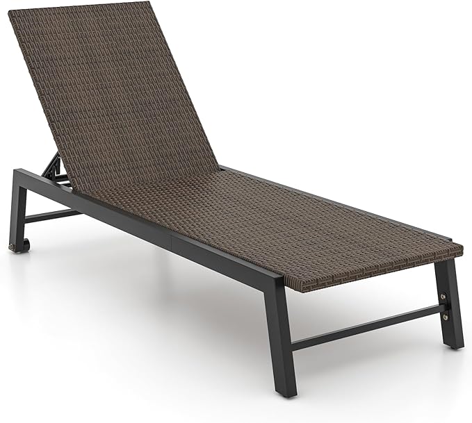 Tangkula PE Wicker Patio Chaise Lounge Chair, Outdoor 4-Position Recliner with Wheels, Outdoor Reclining Chair for Poolside, Backyard and Deck (1, Mix Brown)