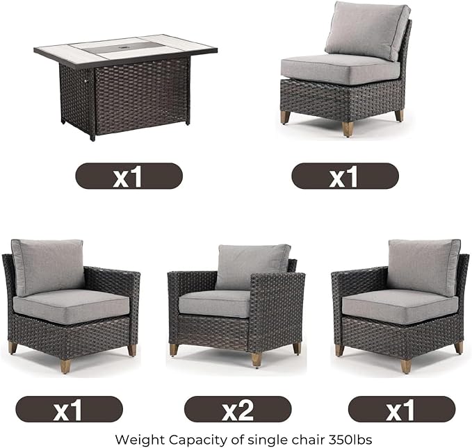Grand patio Sofa Sets 6 Pieces Conversation Set with Fire Pit Table, Wicker Patio Furniture Sectional Sofa with Thick Cushions for Yard Garden Porch (Set for 5 Firetable, 6 PCS)