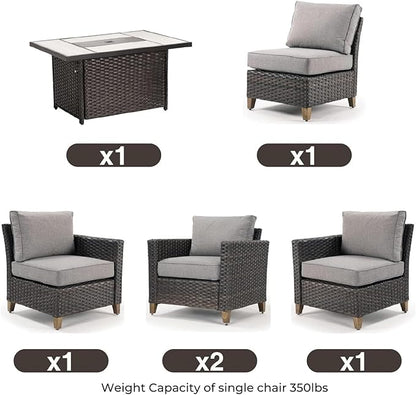 Grand patio Sofa Sets 6 Pieces Conversation Set with Fire Pit Table, Wicker Patio Furniture Sectional Sofa with Thick Cushions for Yard Garden Porch (Set for 5 Firetable, 6 PCS)