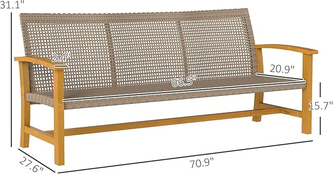 Outsunny Wicker Outdoor Couch, 3-Seat Rattan Outdoor Patio Sofa, 1000 lbs. Capacity, Acacia Wood Patio Furniture Couch with Steel Seat and Armrests for Backyard, Porch, Teak