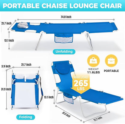 #WEJOY Folding Tanning Chair with Face Hole, 5 Positions Face Down Beach Lounge Chairs with Pillow for Outside Sunbathing Poolside (Blue)