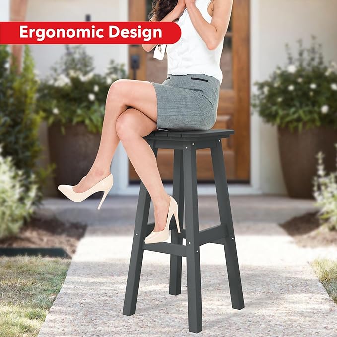 Costaelm 29" Height Outdoor Bar Stools, All-Weather Bar Stools, Adirondack Poly Patio Square Bar Stool for Patio, Deck, Kitchen Counter and Garden, Gray