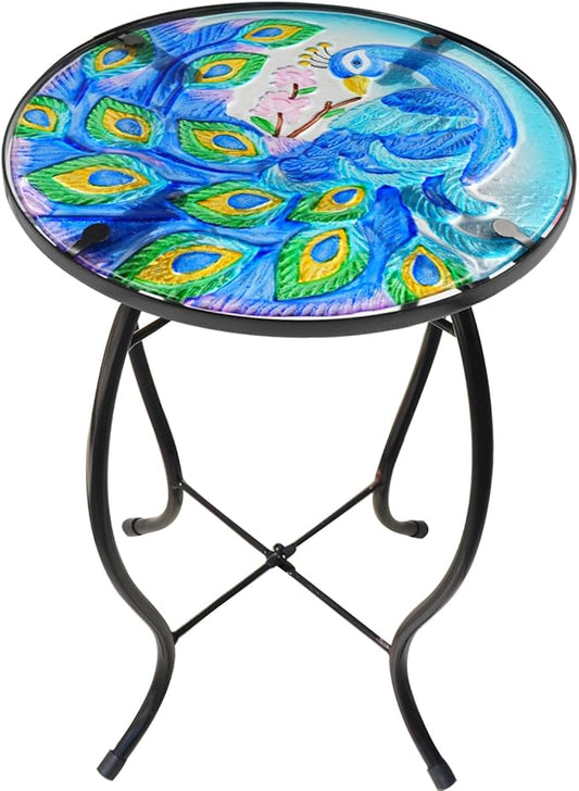 Side Table Outdoor Round End Table Metal Patio Table Glass Coffee Tea Table Nightstand for Living Room Bedroom Indoor Outdoor Use