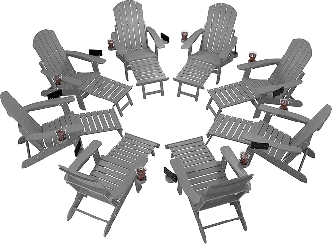YEFU Adjustable Adirondack Chair with Retractable Ottoman Set of 8,Folding Adirondack Chair with 2 Cup-Holders, Outdoor Chairs with Footrest,Weather Resistant Fire Pit Chairs,for Patio Lawn(Grey)