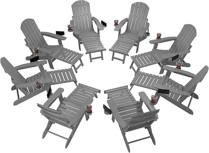 YEFU Adjustable Adirondack Chair with Retractable Ottoman Set of 8,Folding Adirondack Chair with 2 Cup-Holders, Outdoor Chairs with Footrest,Weather Resistant Fire Pit Chairs,for Patio Lawn(Grey)