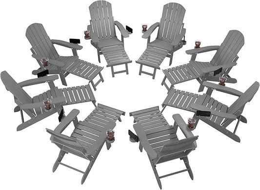 YEFU Adjustable Adirondack Chair with Retractable Ottoman Set of 8,Folding Adirondack Chair with 2 Cup-Holders, Outdoor Chairs with Footrest,Weather Resistant Fire Pit Chairs,for Patio Lawn(Grey)