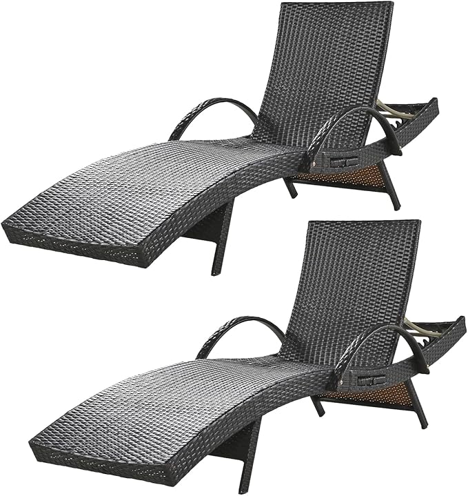 80'' Outdoor Wicker Chaise Lounge Chairs Set of 2, Patio Rattan Reclining Chair with Pull-Out Side Table - Photo 1