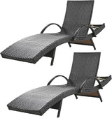 80'' Outdoor Wicker Chaise Lounge Chairs Set of 2, Patio Rattan Reclining Chair with Pull-Out Side Table - Photo 1