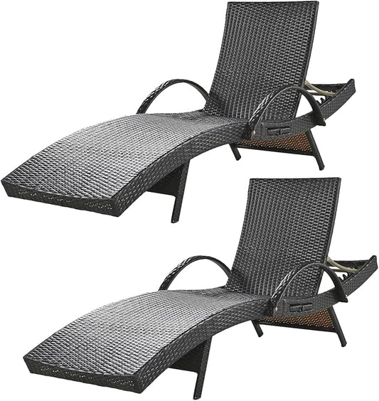 80'' Outdoor Wicker Chaise Lounge Chairs Set of 2, Patio Rattan Reclining Chair with Pull-Out Side Table, Adjustable Backrest for Beach, Poolside, Garden, Backyard, Dark Brown