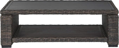 Signature Design by Ashley Grasson Lane Outdoor Wicker Cocktail Table with Aluminum Frame, Brown