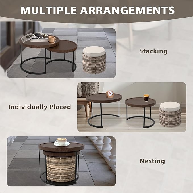 EAGLE PEAK Sunset Dune Collection Round Modern Nesting Coffee Tables, Wood Grain Top Stacking Accent Tables, Matching Ottoman, Indoor Outdoor, Set of 3, Brown