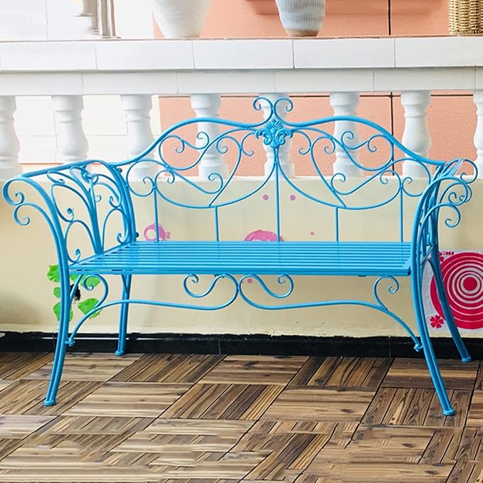 Retro Metal Garden Bench, Outdoor Loveseat for 2, Curved Backrest & Armrests, Durable Park Yard Porch Furniture, Max Weight 250kg, Stylish Blue Design