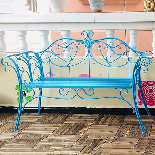 Retro Metal Garden Bench, Outdoor Loveseat for 2, Curved Backrest & Armrests, Durable Park Yard Porch Furniture, Max Weight 250kg, Stylish Blue Design